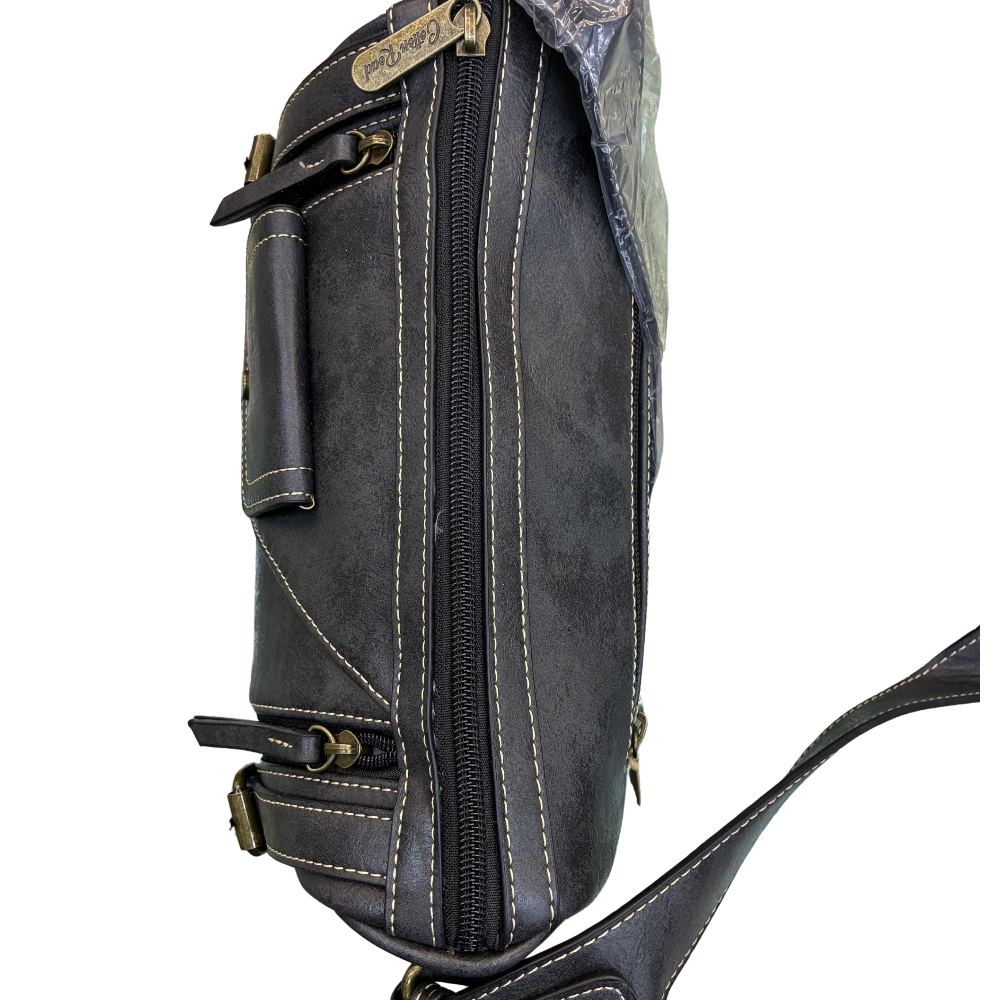 Cotton Road Barrel Sling Bag: BLACK PU Leather CROSSBODY with branded strap TOP ZIP VIEW