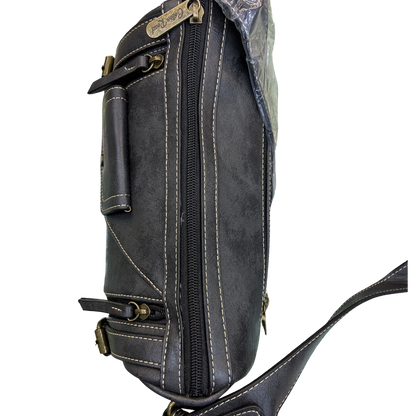 Cotton Road Barrel Sling Bag: BLACK PU Leather CROSSBODY with branded strap TOP ZIP VIEW