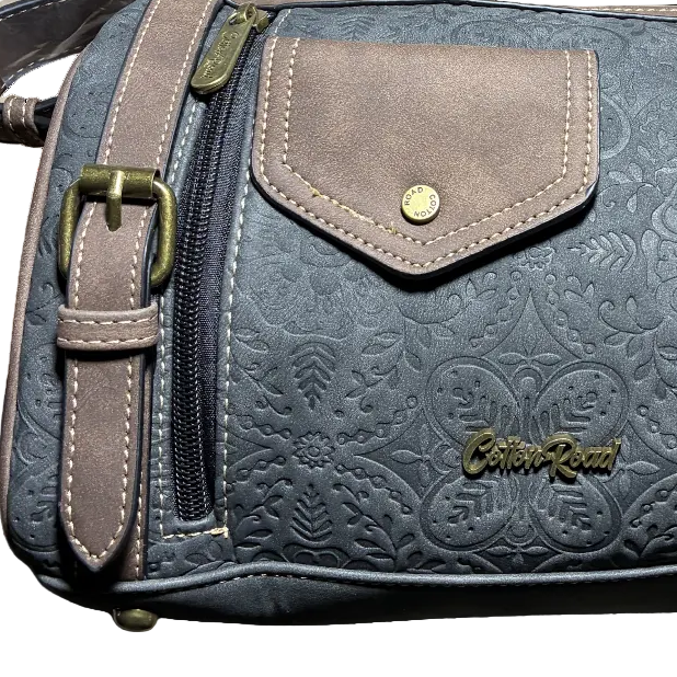 Cotton Road Barrel Sling Bag: BLACK Suede-Style PU Leather with Embossed Print FRONT