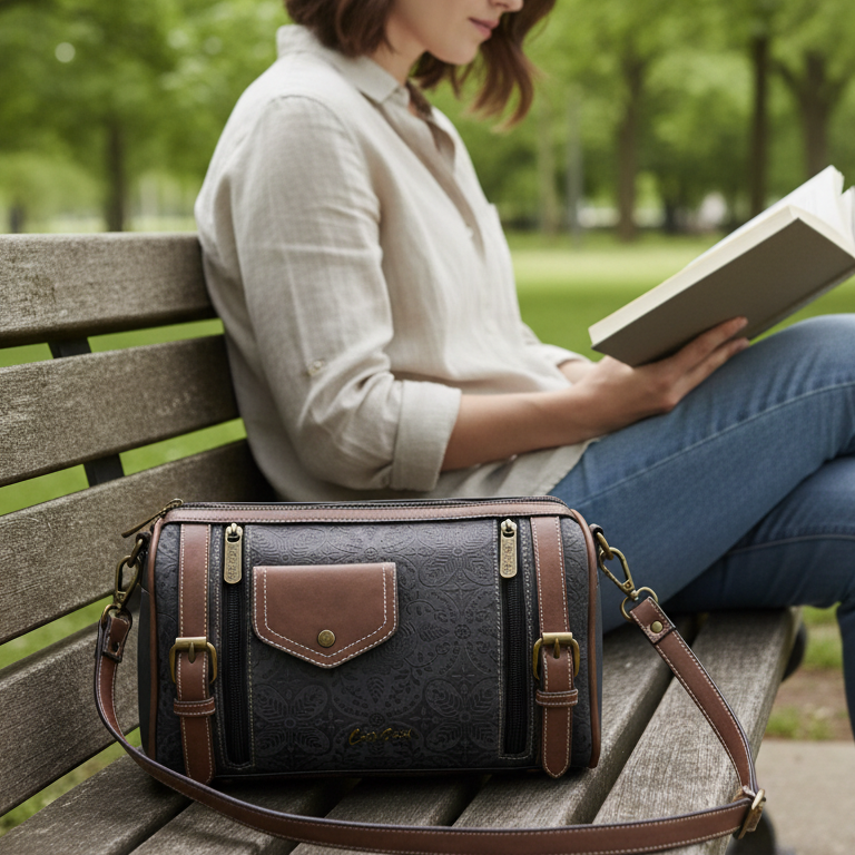 Cotton Road Barrel Sling Bag: BLACK Suede-Style PU Leather with Embossed Print LIFESTYLE