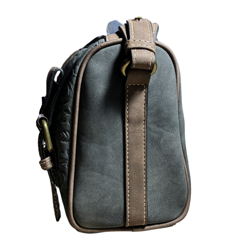 Cotton Road Barrel Sling Bag: BLACK Suede-Style PU Leather with Embossed Print SIDE