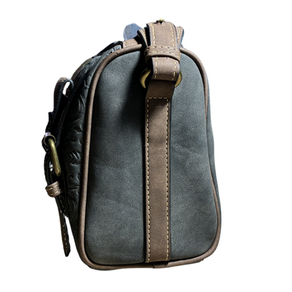 Cotton Road Barrel Sling Bag: BLACK Suede-Style PU Leather with Embossed Print SIDE