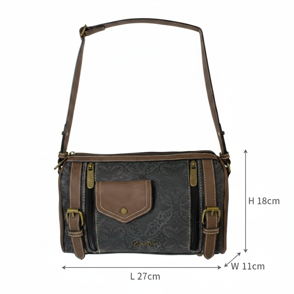 Cotton Road Barrel Sling Bag: BLACK Suede-Style PU Leather with Embossed Print SIZE