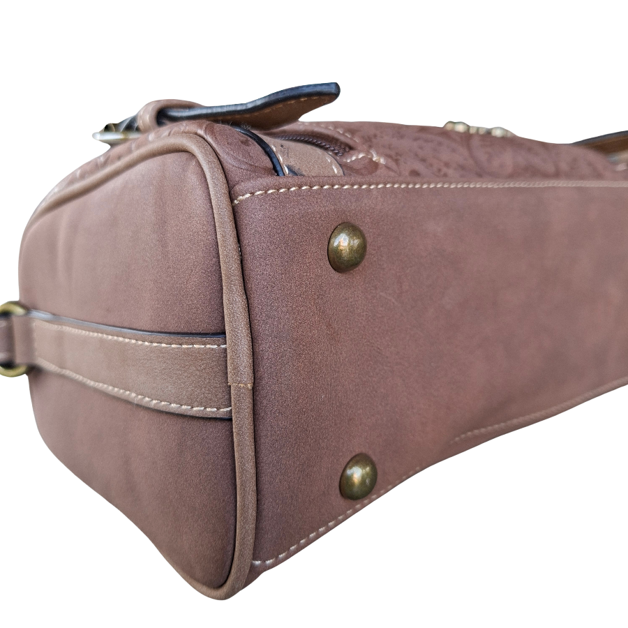 Cotton Road Barrel Sling Bag: BROWN Suede-Style PU Leather with Embossed Print BOTTOM VIEW