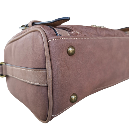 Cotton Road Barrel Sling Bag: BROWN Suede-Style PU Leather with Embossed Print BOTTOM VIEW