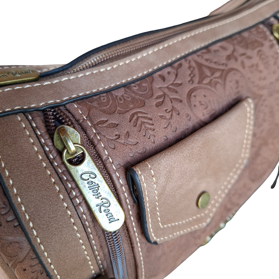 Cotton Road Barrel Sling Bag: BROWN Suede-Style PU Leather with Embossed Print DETAILING