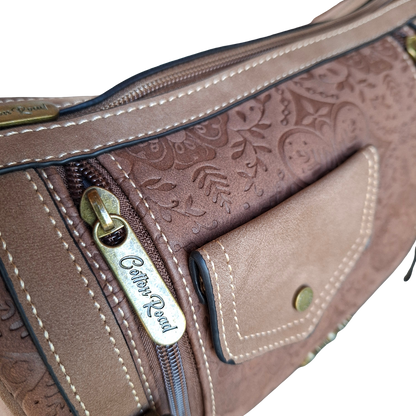 Cotton Road Barrel Sling Bag: BROWN Suede-Style PU Leather with Embossed Print DETAILING