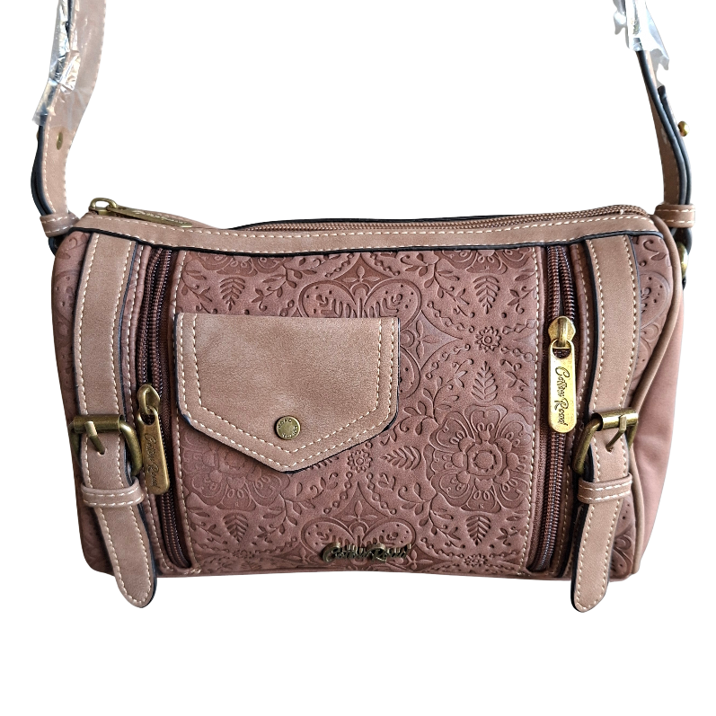 Cotton Road Barrel Sling Bag: BROWN Suede-Style PU Leather with Embossed Print FRONT