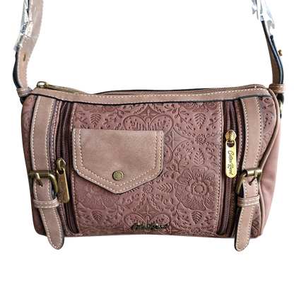 Cotton Road Barrel Sling Bag: BROWN Suede-Style PU Leather with Embossed Print FRONT