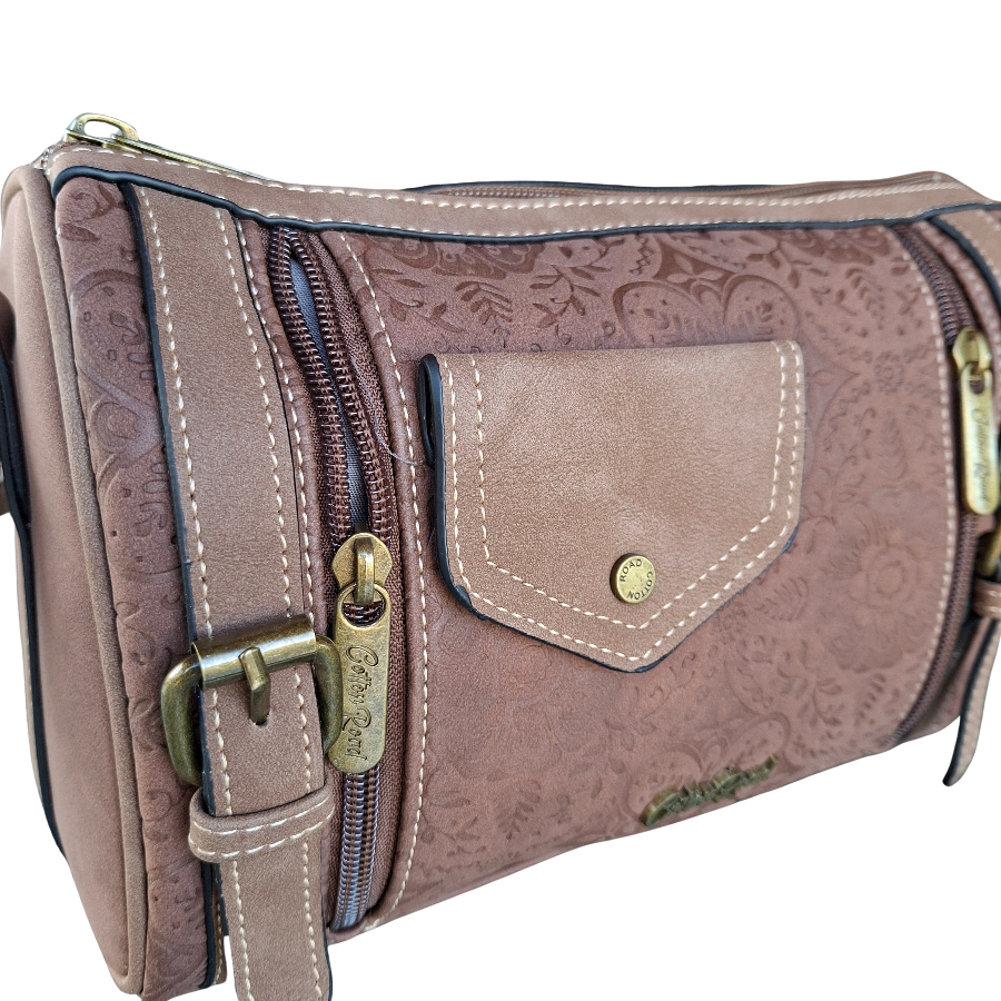Cotton Road Barrel Sling Bag: BROWN Suede-Style PU Leather with Embossed Print FRONT ZIPS 