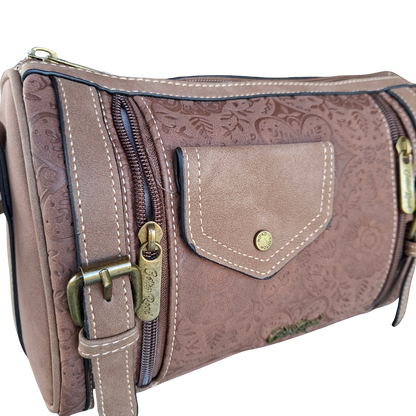 Cotton Road Barrel Sling Bag: BROWN Suede-Style PU Leather with Embossed Print FRONT ZIPS 