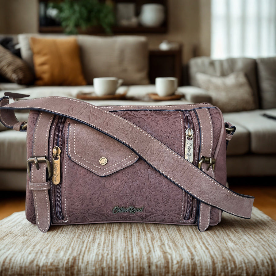 Cotton Road Barrel Sling Bag: BROWN Suede-Style PU Leather with Embossed Print LIFESTYLE