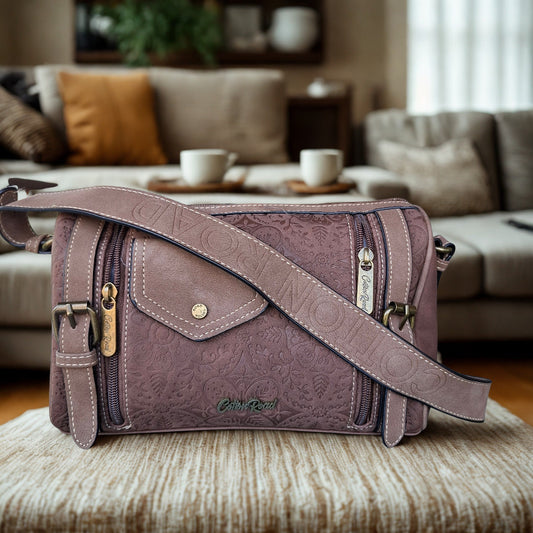 Cotton Road Barrel Sling Bag: BROWN Suede-Style PU Leather with Embossed Print LIFESTYLE