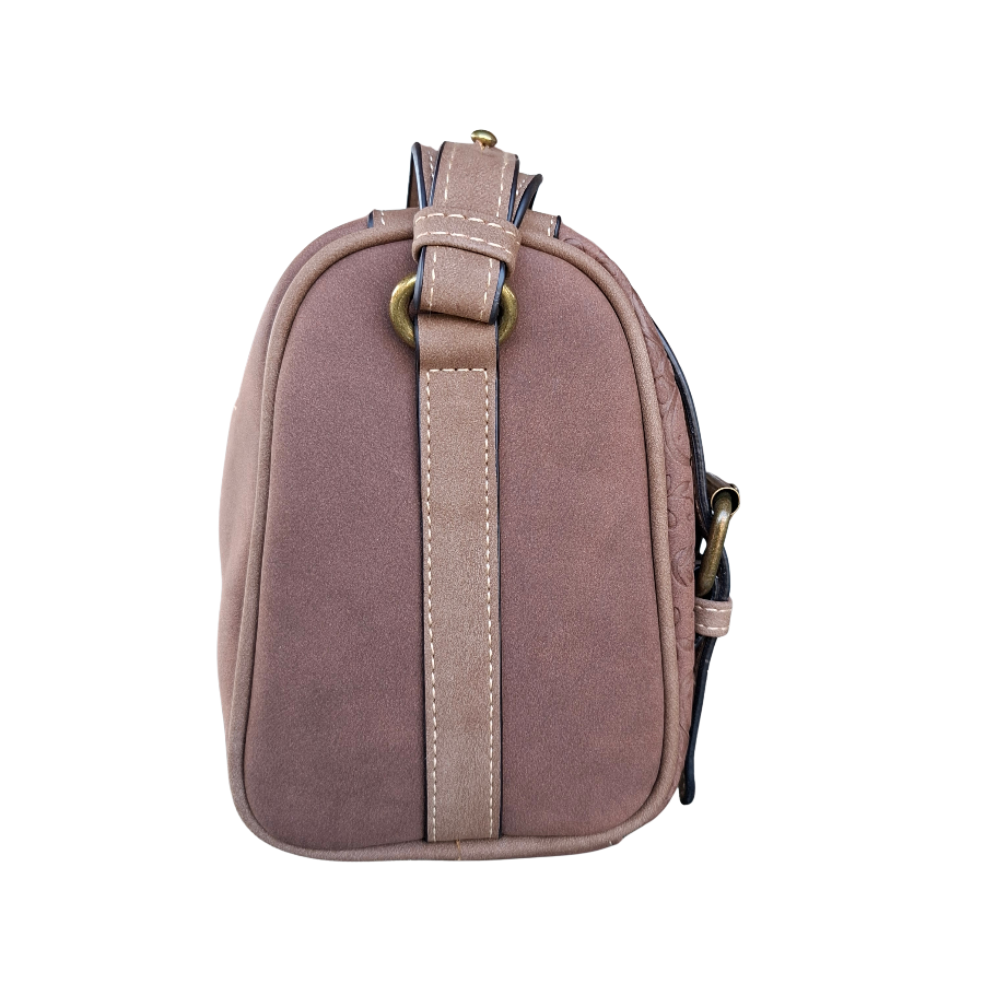 Cotton Road Barrel Sling Bag: BROWN Suede-Style PU Leather with Embossed Print SIDE