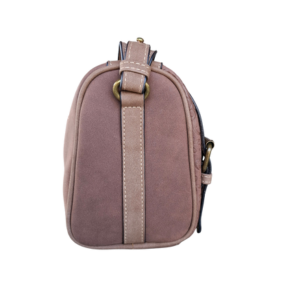 Cotton Road Barrel Sling Bag: BROWN Suede-Style PU Leather with Embossed Print SIDE