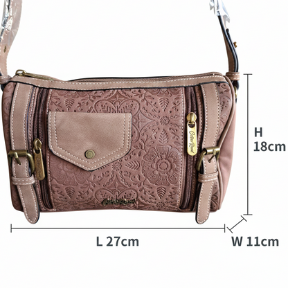 Cotton Road Barrel Sling Bag: BROWN Suede-Style PU Leather with Embossed Print SIZE
