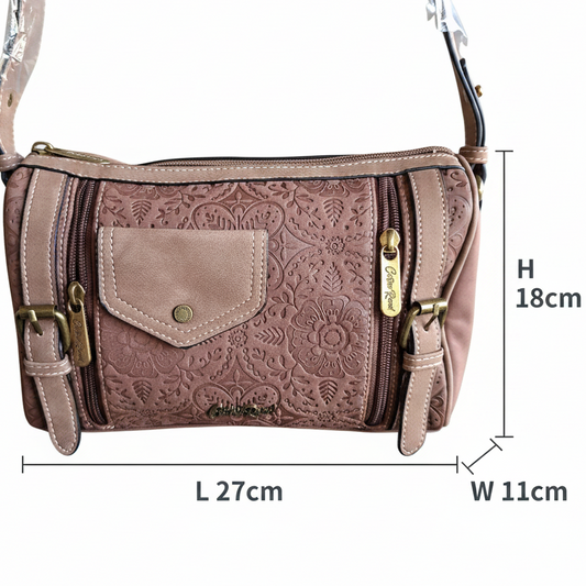 Cotton Road Barrel Sling Bag: BROWN Suede-Style PU Leather with Embossed Print SIZE