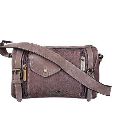 Cotton Road Barrel Sling Bag: BROWN Suede-Style PU Leather with Embossed Print STRAP DETAIL