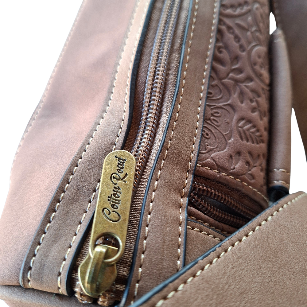 Cotton Road Barrel Sling Bag: BROWN Suede-Style PU Leather with Embossed Print TOP ZIP