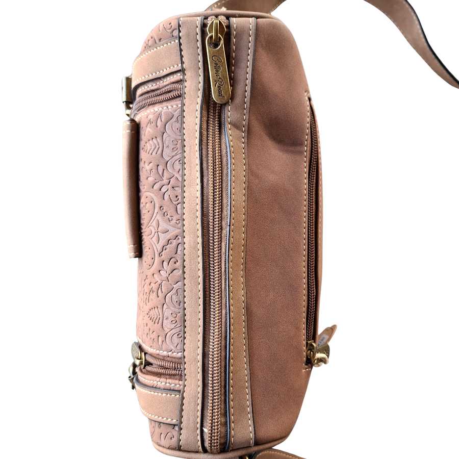 Cotton Road Barrel Sling Bag: BROWN Suede-Style PU Leather with Embossed Print TOP ZIP VIEW