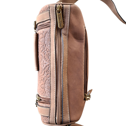 Cotton Road Barrel Sling Bag: BROWN Suede-Style PU Leather with Embossed Print TOP ZIP VIEW