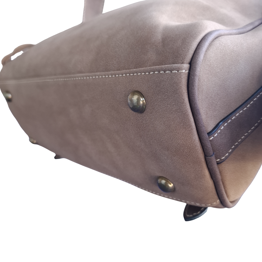Cotton Road Barrel Sling Bag: COFFEE BROWN Suede-Style PU Leather with Embossed BOTTOM FEET