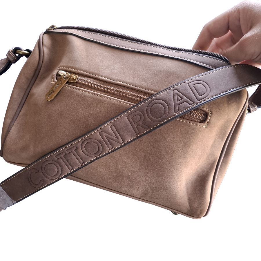 Cotton Road Barrel Sling Bag: COFFEE BROWN Suede-Style PU Leather with Embossed BRANDED STRAP