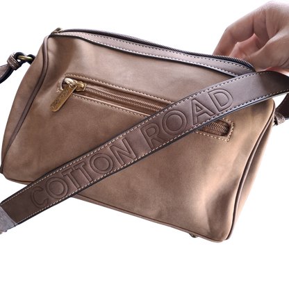 Cotton Road Barrel Sling Bag: COFFEE BROWN Suede-Style PU Leather with Embossed BRANDED STRAP