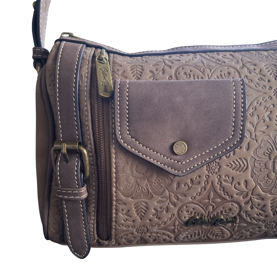 Cotton Road Barrel Sling Bag: COFFEE BROWN Suede-Style PU Leather with Embossed DETAILING