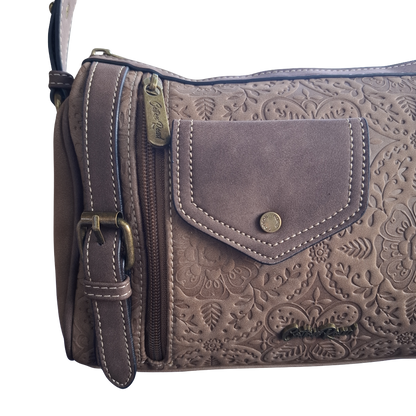 Cotton Road Barrel Sling Bag: COFFEE BROWN Suede-Style PU Leather with Embossed DETAILING