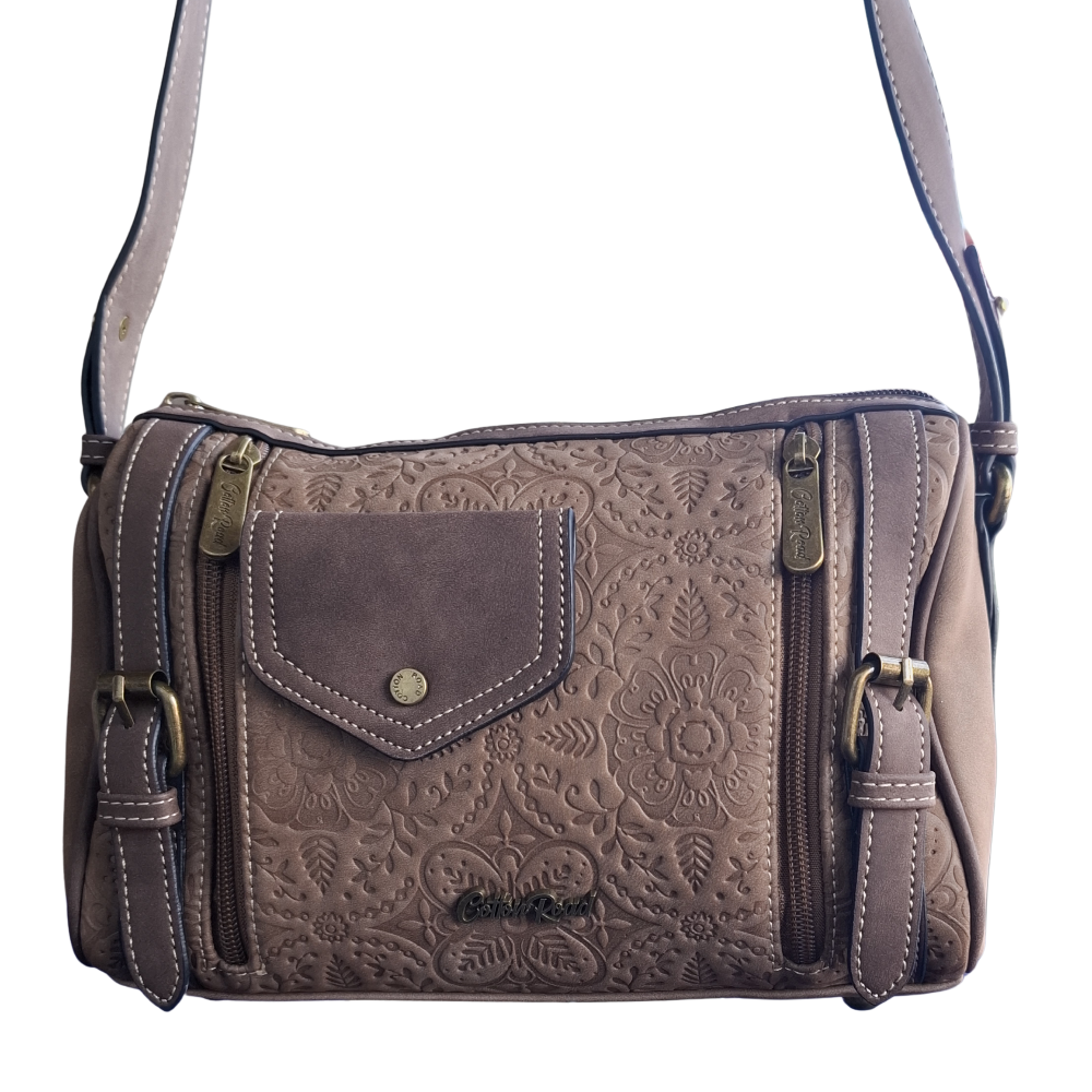 Cotton Road Barrel Sling Bag: COFFEE BROWN Suede-Style PU Leather with Embossed Print