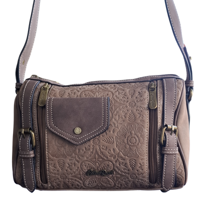 Cotton Road Barrel Sling Bag: COFFEE BROWN Suede-Style PU Leather with Embossed Print