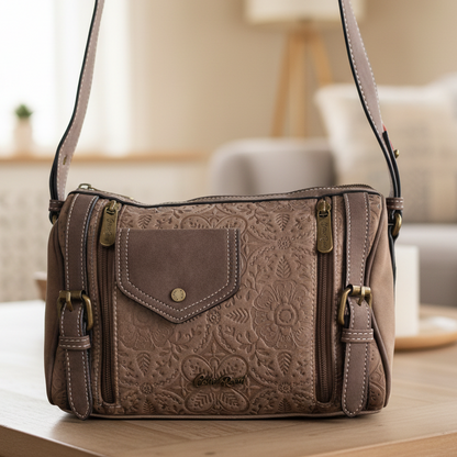 Cotton Road Barrel Sling Bag: COFFEE BROWN Suede-Style PU Leather with Embossed Print