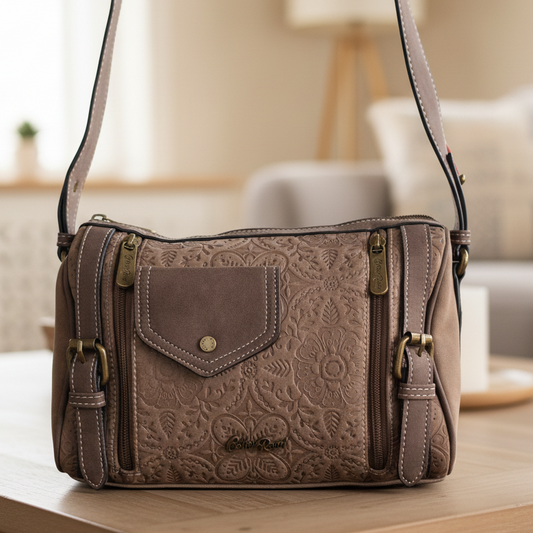 Cotton Road Barrel Sling Bag: COFFEE BROWN Suede-Style PU Leather with Embossed Print
