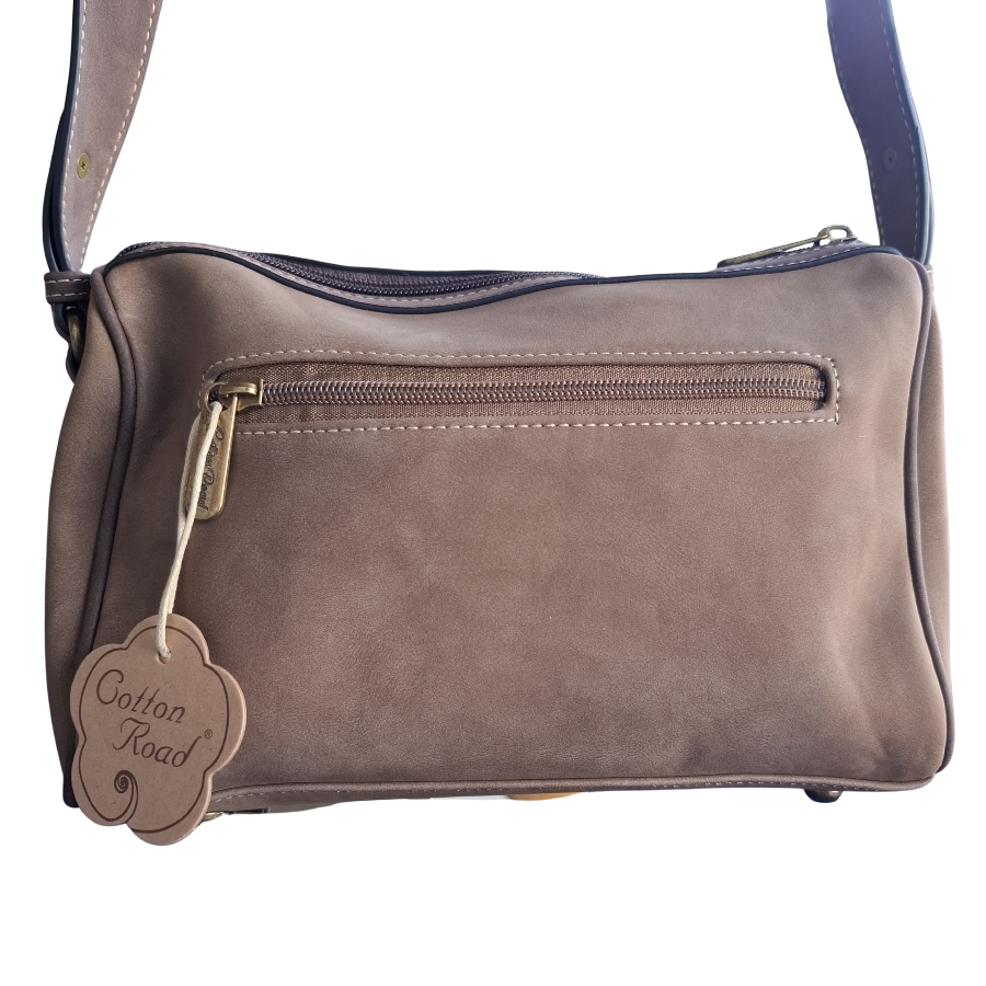 Cotton Road Barrel Sling Bag: COFFEE BROWN Suede-Style PU Leather with Embossed Print BACK