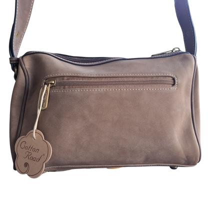 Cotton Road Barrel Sling Bag: COFFEE BROWN Suede-Style PU Leather with Embossed Print BACK