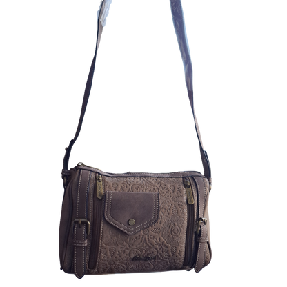 Cotton Road Barrel Sling Bag: COFFEE BROWN Suede-Style PU Leather with Embossed Print HANGING
