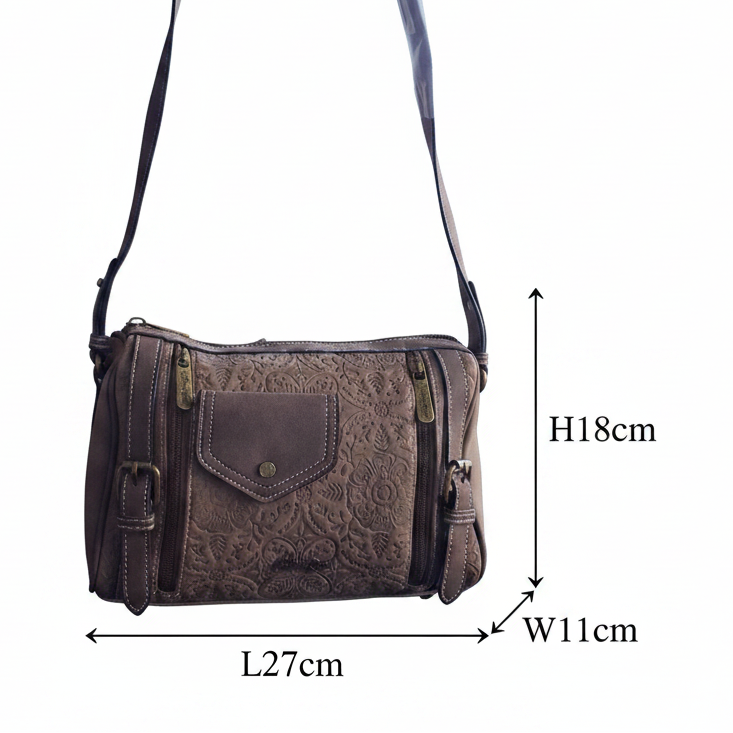 Cotton Road Barrel Sling Bag: COFFEE BROWN Suede-Style PU Leather with Embossed Print SIZE