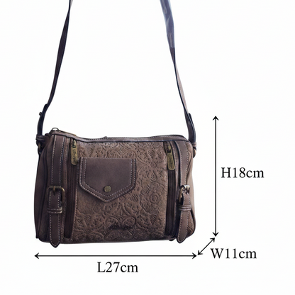 Cotton Road Barrel Sling Bag: COFFEE BROWN Suede-Style PU Leather with Embossed Print SIZE