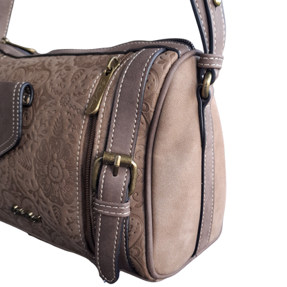 Cotton Road Barrel Sling Bag: COFFEE BROWN Suede-Style PU Leather with Embossed Print ZOOM