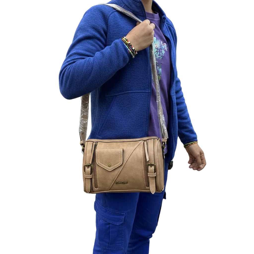 Cotton Road Barrel Sling Bag: PINK PU Leather CROSSBODY with branded strap CARRY VIEW