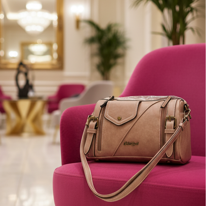 Cotton Road Barrel Sling Bag: PINK PU Leather CROSSBODY with branded strap LIFESTYLE VIEW