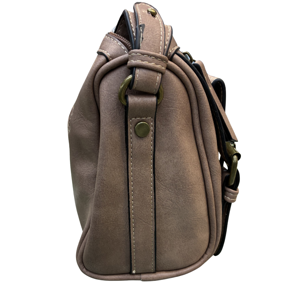 Cotton Road Barrel Sling Bag: PINK PU Leather CROSSBODY with branded strap SIDE VIEW