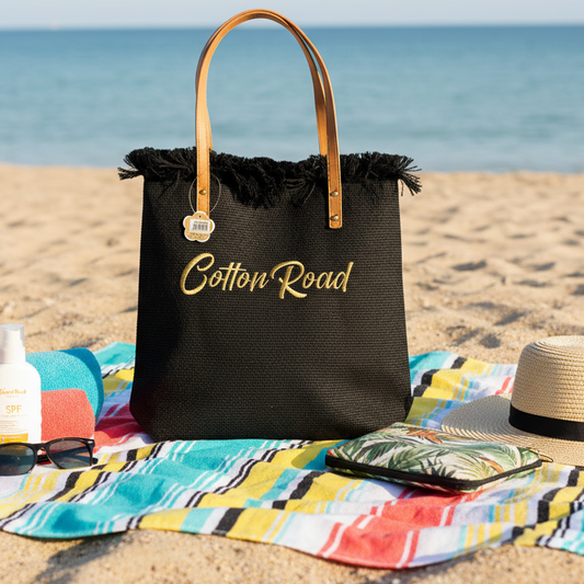 Cotton Road Beach Bag: Black PURE COTTON Branded Tapestry Tote LIFESTYLE