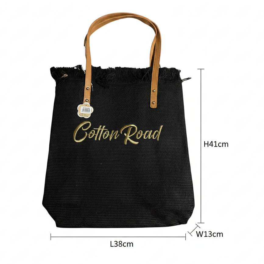 Cotton Road Beach Bag: Black PURE COTTON Branded Tapestry Tote SIZE