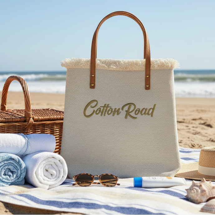 Cotton Road Beach Bag: CREAM WHITE PURE COTTON Branded Tapestry Tote LIFESTYLE
