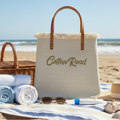 Cotton Road Beach Bag: CREAM WHITE PURE COTTON Branded Tapestry Tote LIFESTYLE