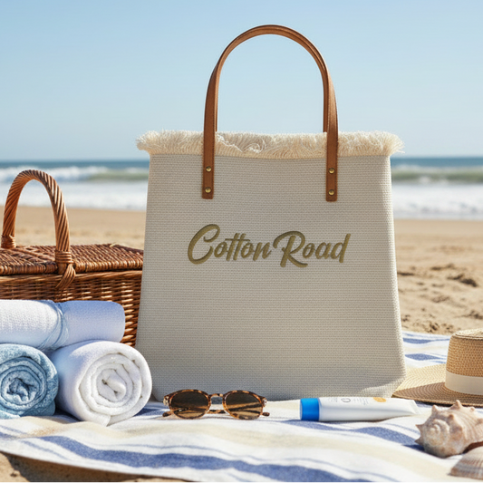 Cotton Road Beach Bag: CREAM WHITE PURE COTTON Branded Tapestry Tote LIFESTYLE