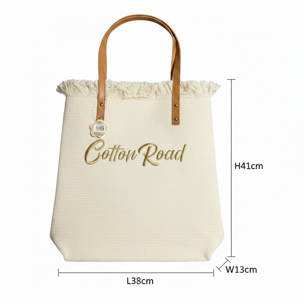 Cotton Road Beach Bag: CREAM WHITE PURE COTTON Branded Tapestry Tote SIZE