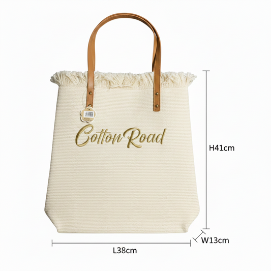 Cotton Road Beach Bag: CREAM WHITE PURE COTTON Branded Tapestry Tote SIZE